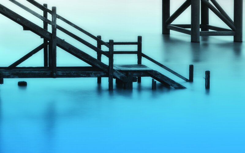 Wooden Pier Structure — Blue, Serene, Photograph