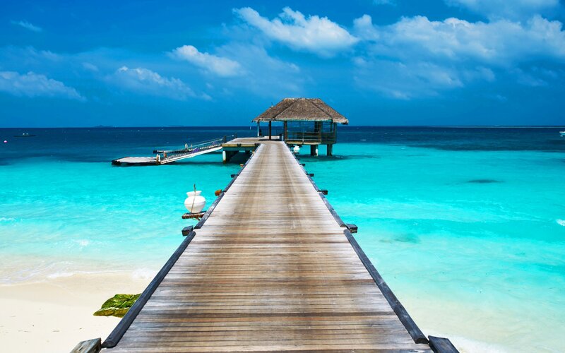 Wooden Pier to Overwater Bungalow — Blue, Serene, Afternoon