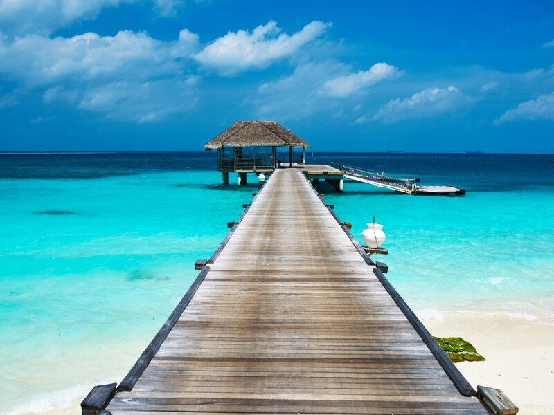 Wooden Pier to Overwater Bungalow — Blue, Serene