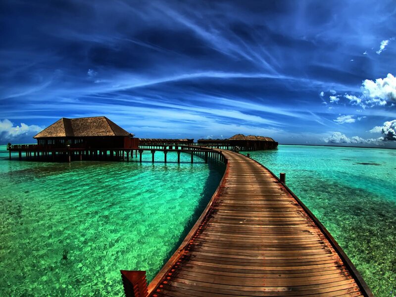 Wooden pier to overwater bungalows