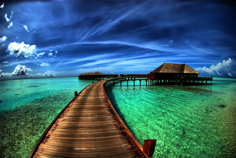 Wooden pier to overwater bungalows