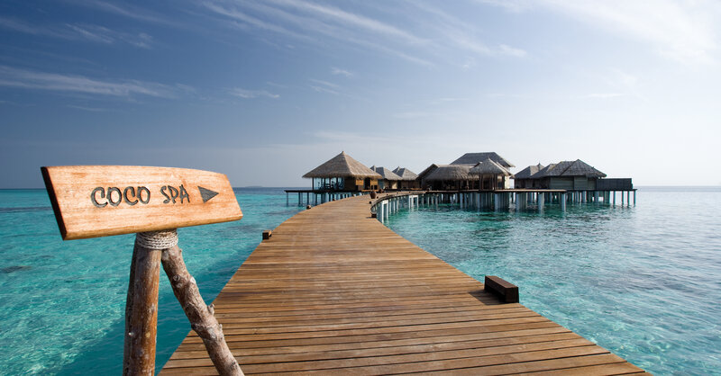 Wooden Pier to Overwater Bungalows — Blue, Serene, Afternoon
