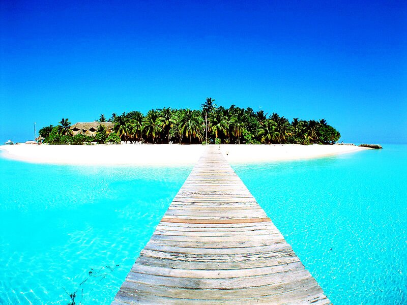 Wooden Pier to Tropical Island — Blue, Serene, Afternoon