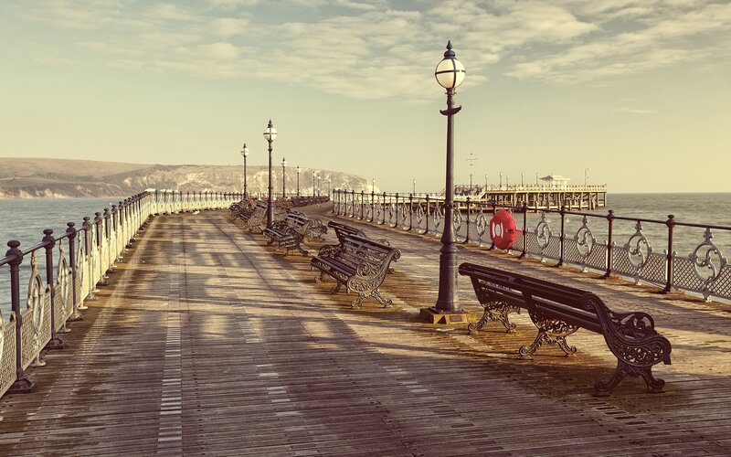 Wooden Pier with Benches — Brown, Serene