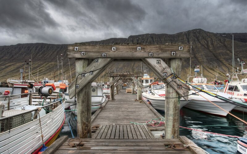 Wooden Pier with Boats — Gray