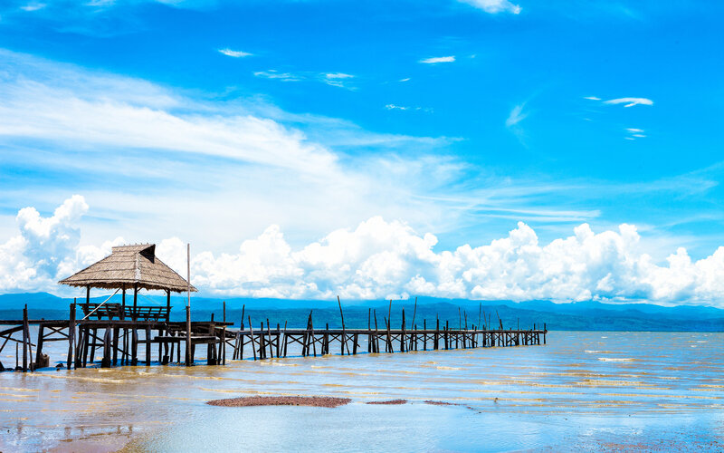 Wooden Pier with Hut — Blue, Serene, Afternoon, Photograph