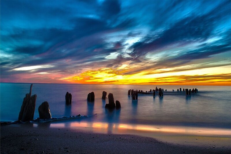 Wooden Pilings at Sunset — Blue