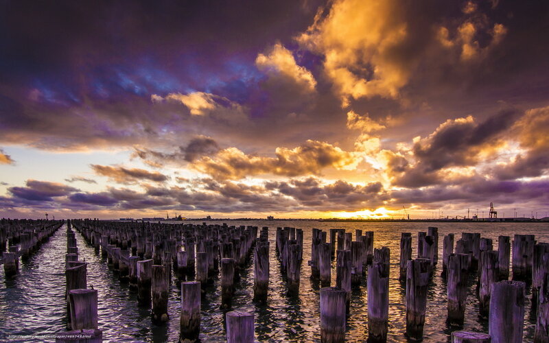 Wooden Pilings at Sunset — Purple, Dramatic, Photograph