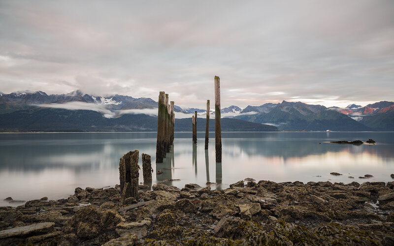 Wooden Pilings in Water — Gray, Serene