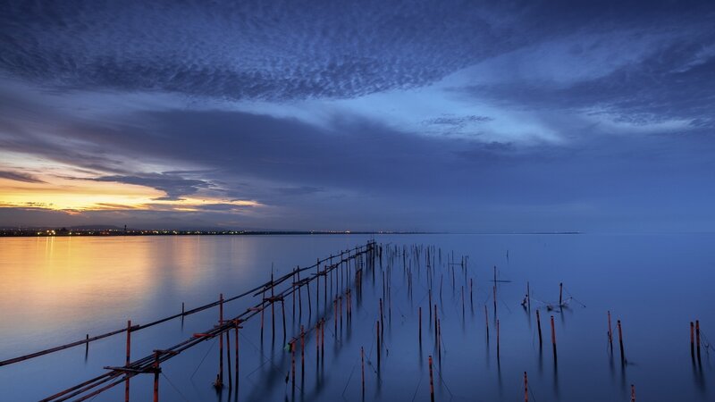 Wooden Poles in Water — Blue