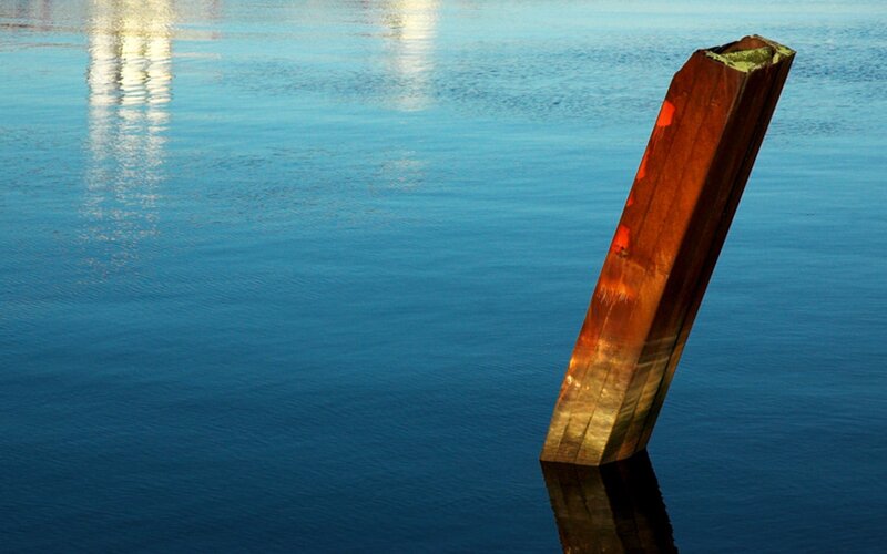 Wooden post in calm water