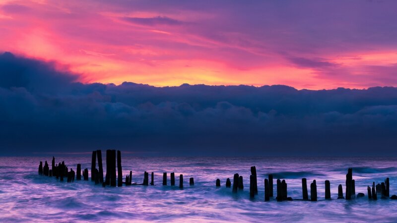 Wooden Posts in Ocean — Purple, Dramatic, Sunset