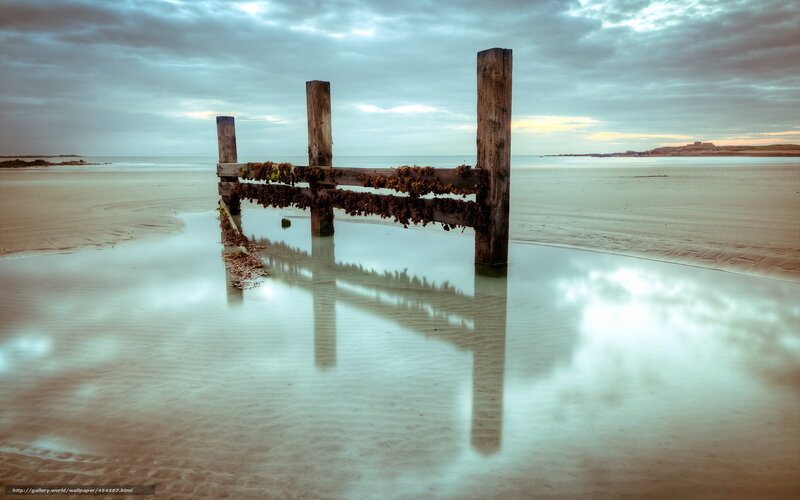 Wooden Posts on Beach — Blue, Serene, Sunset, Photograph