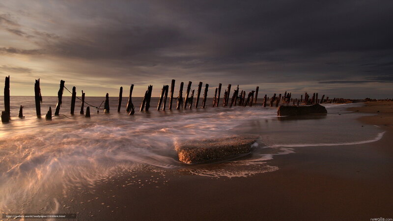 Wooden Posts on Beach — Brown, Dramatic, Sunset, Photograph