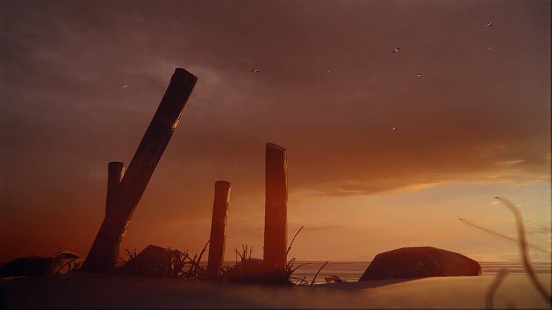 Wooden Posts on Beach — Orange, Dramatic, Sunset, 3d Render