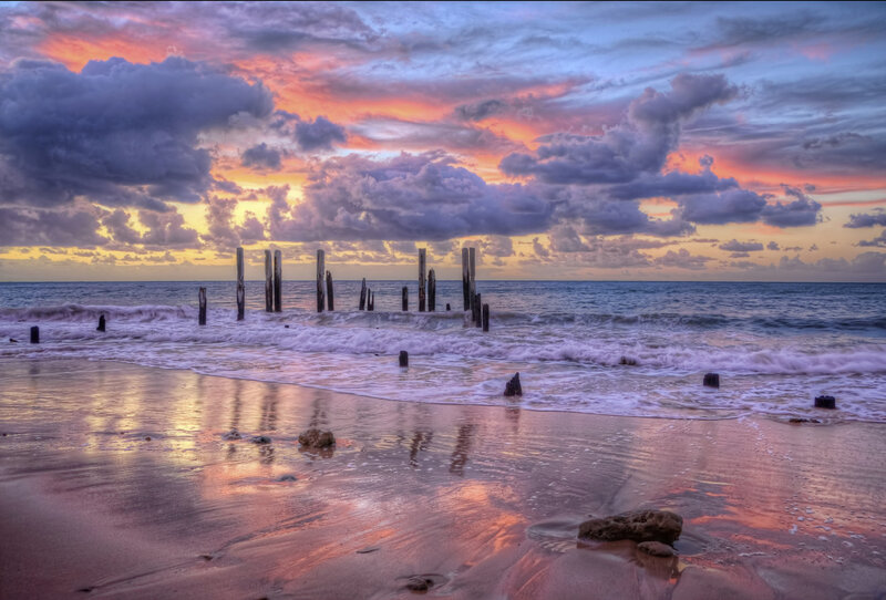 Wooden Posts on Beach — Pink, Dramatic
