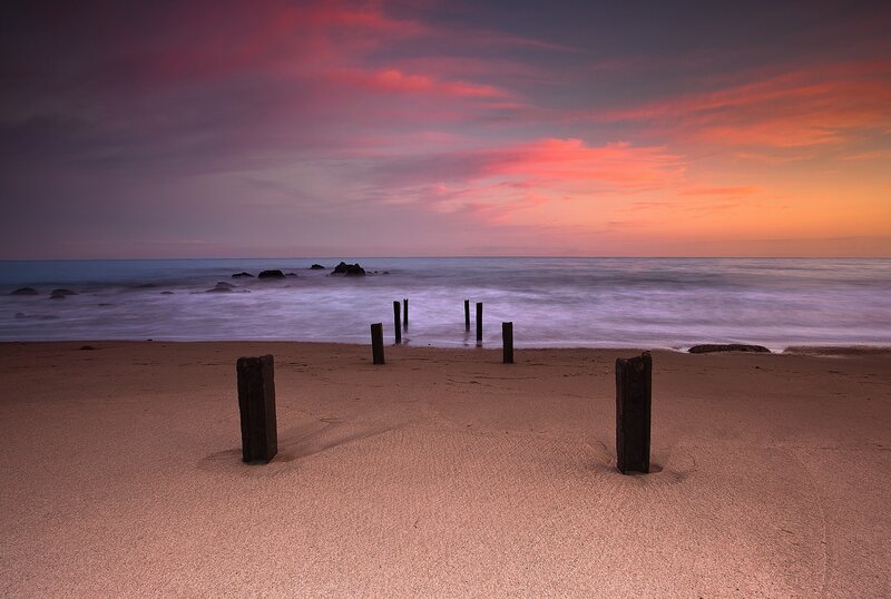 Wooden Posts on Beach — Pink, Serene