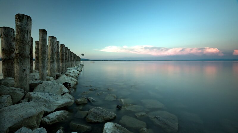 Wooden Posts on Shore — Blue, Serene