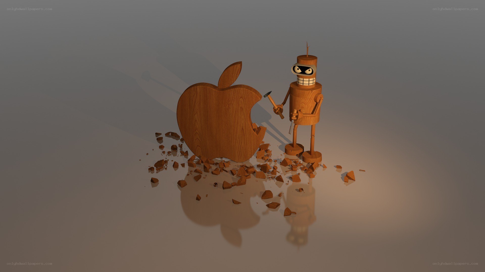wooden robot breaking apple logo