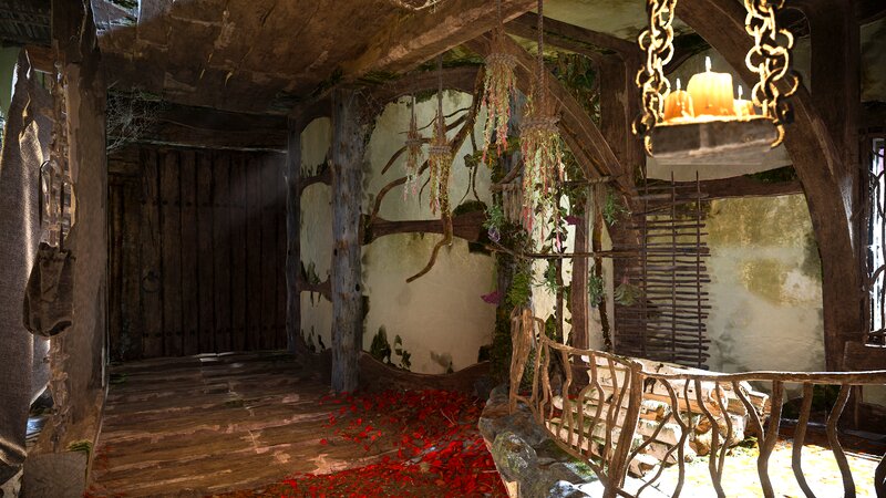 Wooden Room with Red Petals