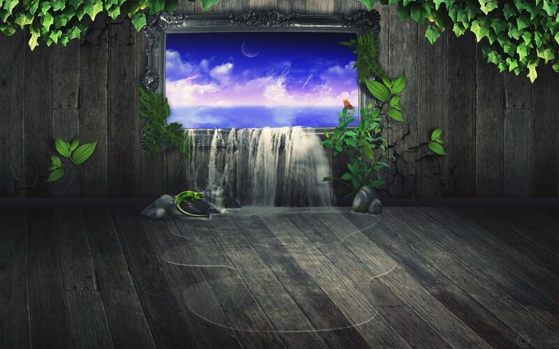 wooden room with waterfall window