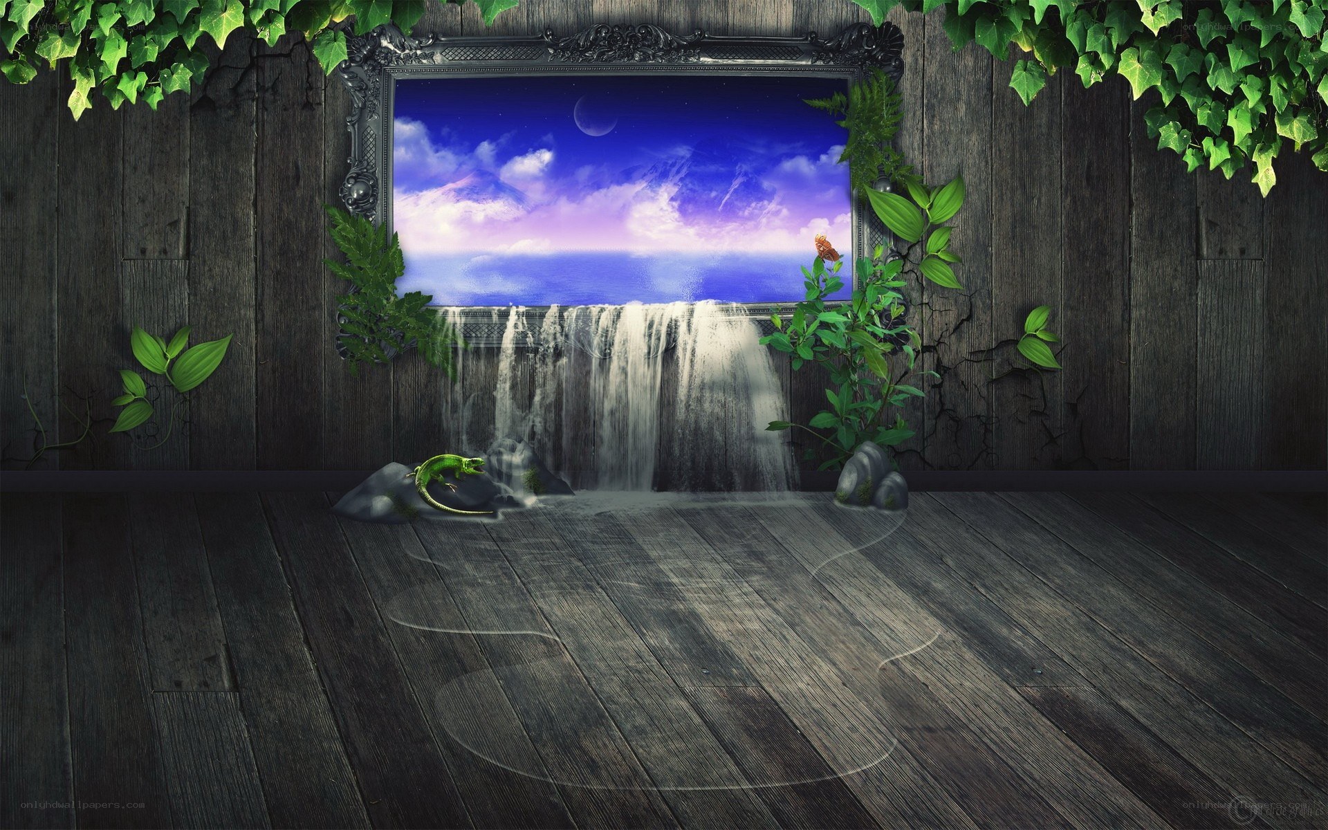 wooden room with waterfall window
