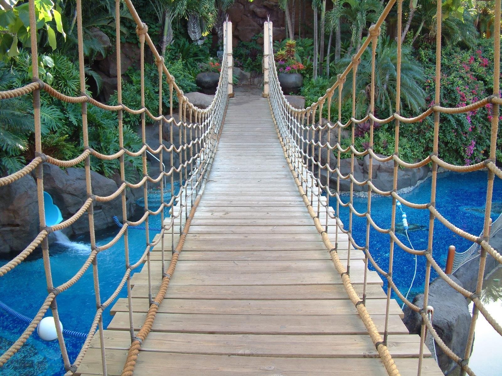 Wooden rope bridge over pool