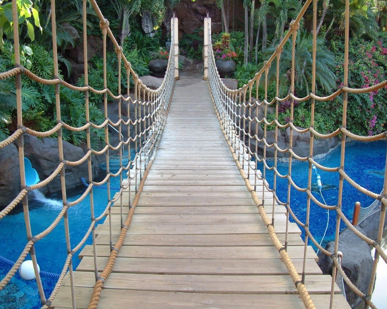 Wooden rope bridge over pool