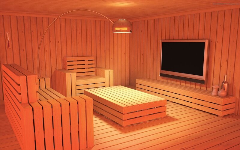 Wooden Sauna Interior — Brown, Warm, 3d Render