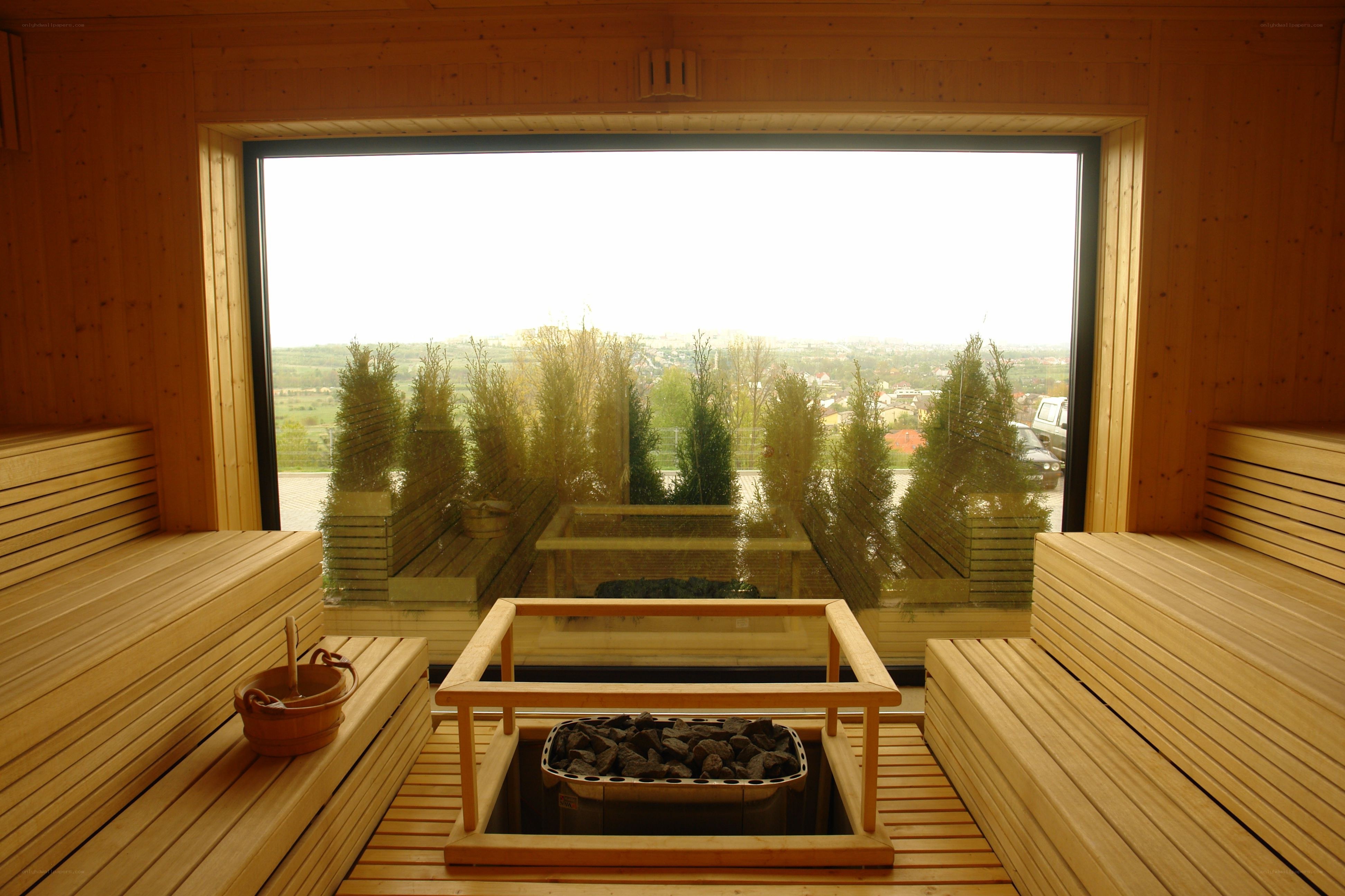 Wooden sauna with city view