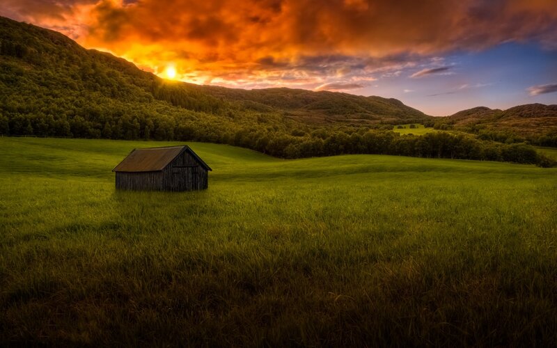 Wooden Shed in Field — Green, Dramatic