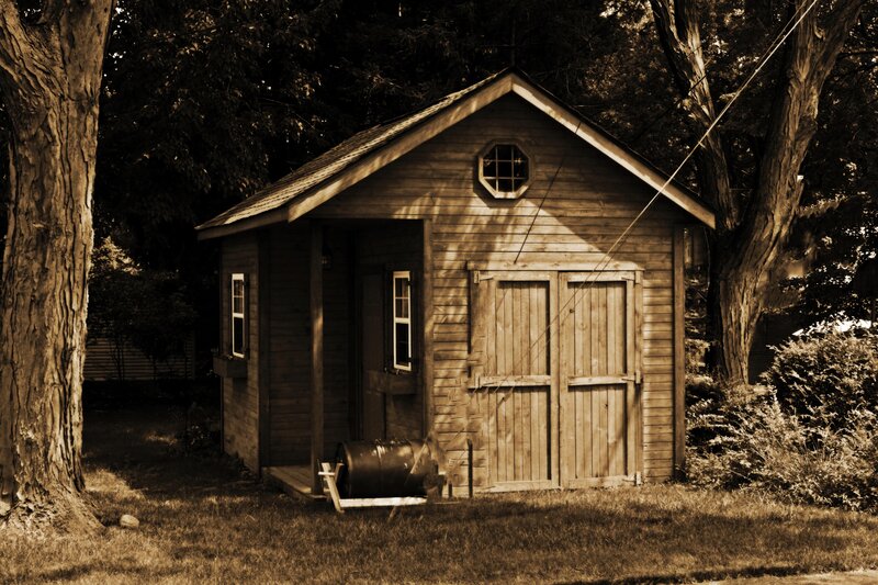 Wooden Shed in Forest — Brown, Serene, Afternoon, Photograph