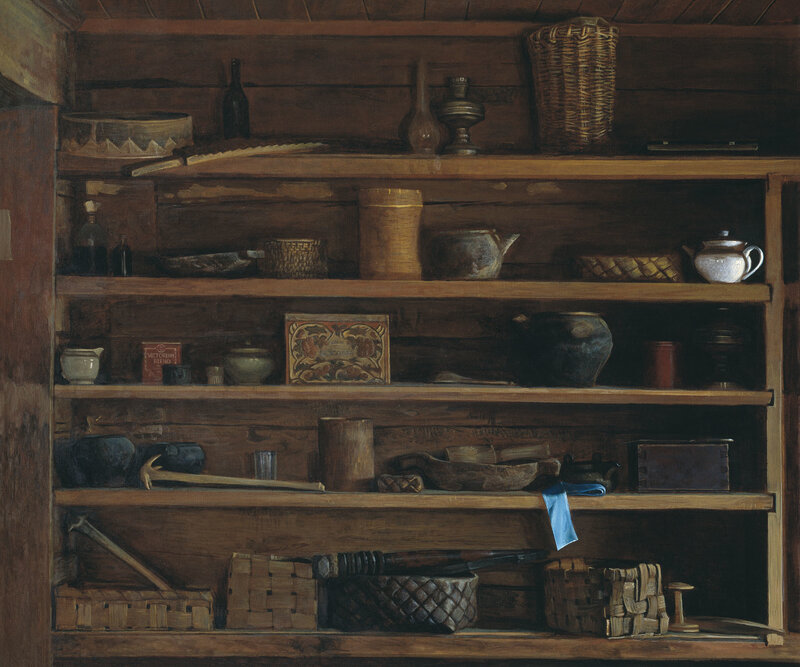 Wooden shelf with household items