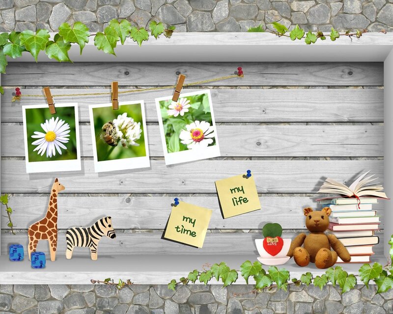Wooden shelf with photos and toys