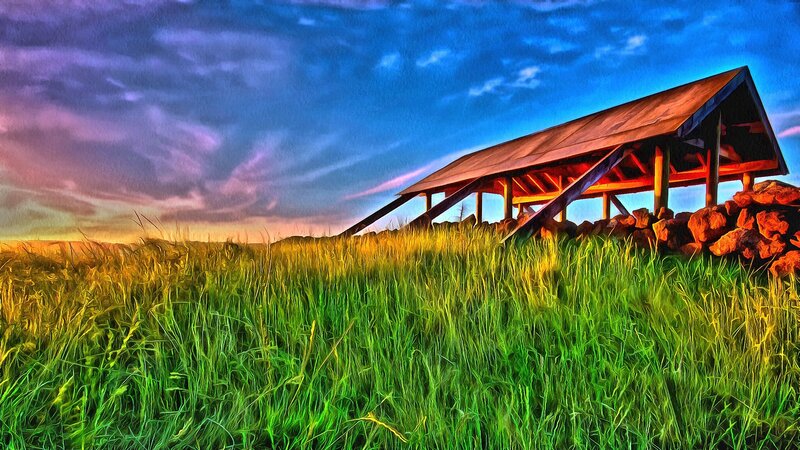 Wooden Shelter in Field — Green