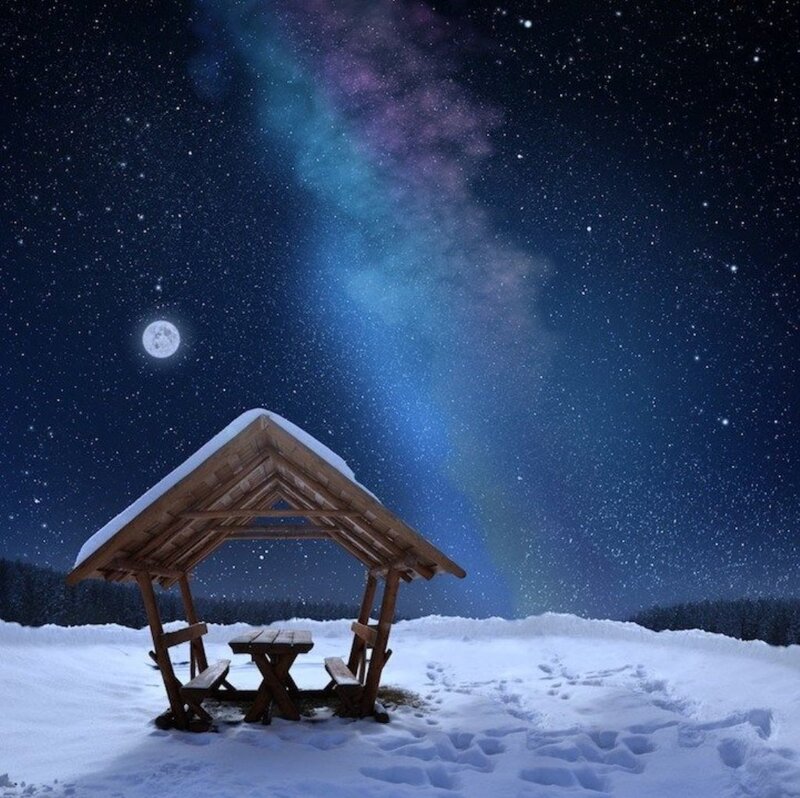Wooden Shelter in Snow — Blue, Serene, Night, Digital Art