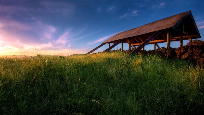 Wooden Shelter on Hill — Green