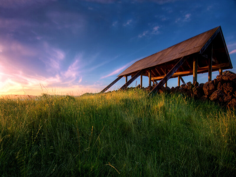 Wooden Shelter on Hill — Sky
