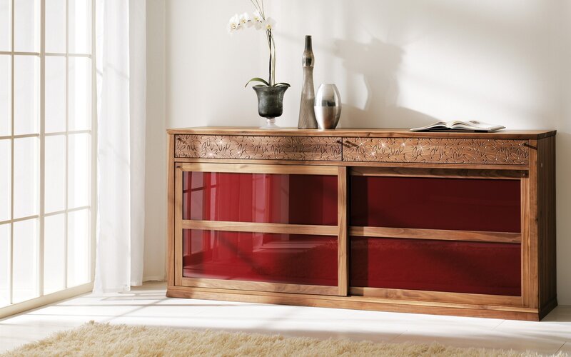 Wooden sideboard with red glass