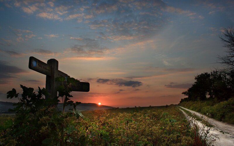Wooden Signpost at Sunset — Orange, Serene, Photograph