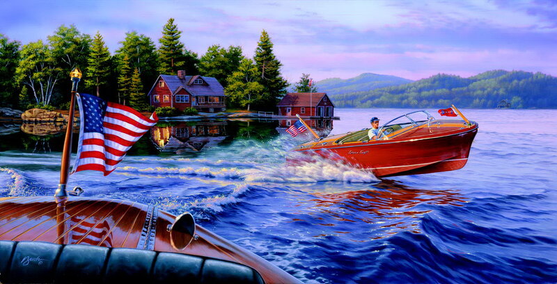 Wooden Speedboat on Lake