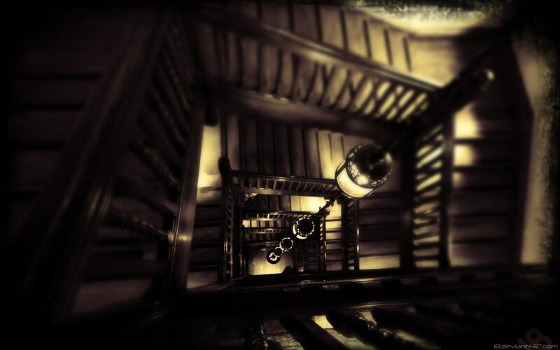 Wooden Staircase Interior — Brown, Dramatic, Night