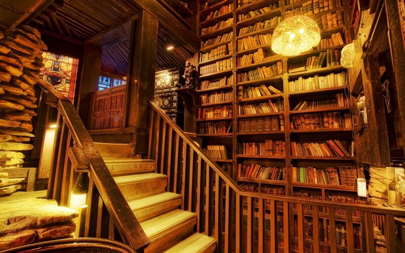 Wooden Staircase with Bookshelves — Brown