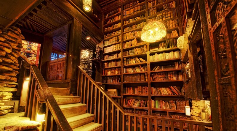 Wooden Staircase with Bookshelves