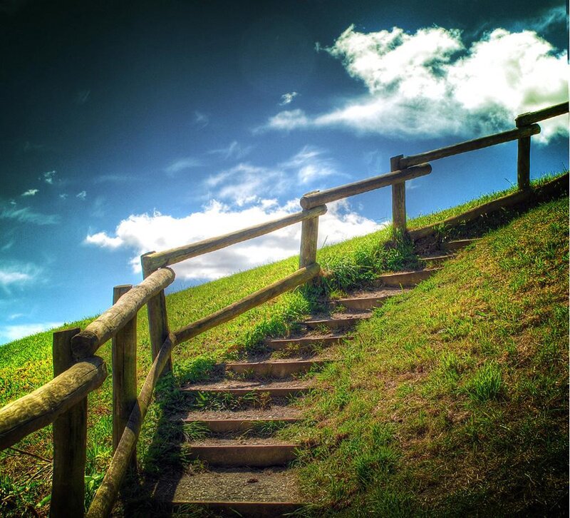 Wooden Stairs on Hill — Green, Dramatic, Afternoon