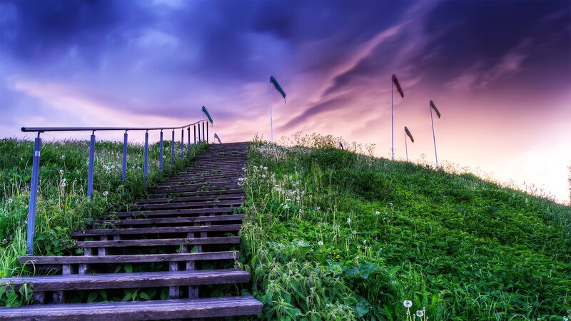Wooden Stairs on Hill — Green, Dramatic, Sunset