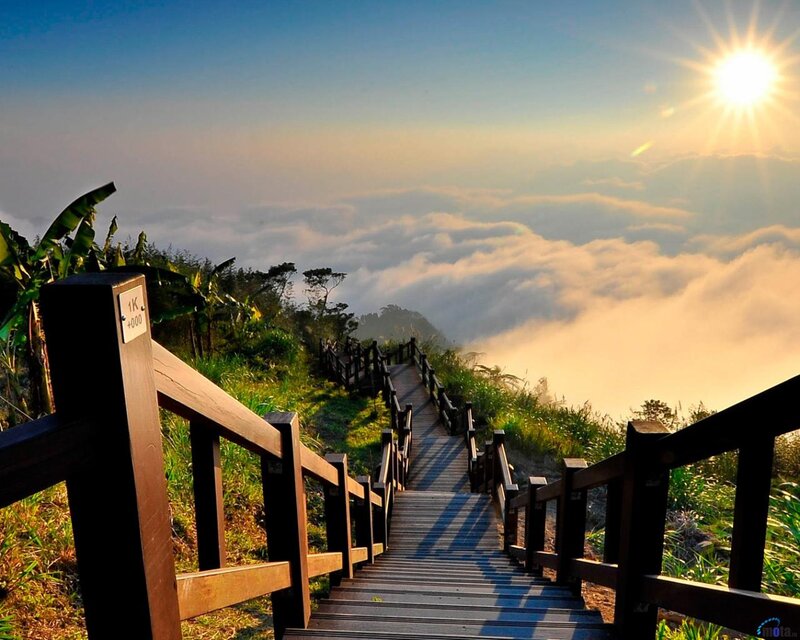 Wooden Stairs on Mountain — Blue, Serene