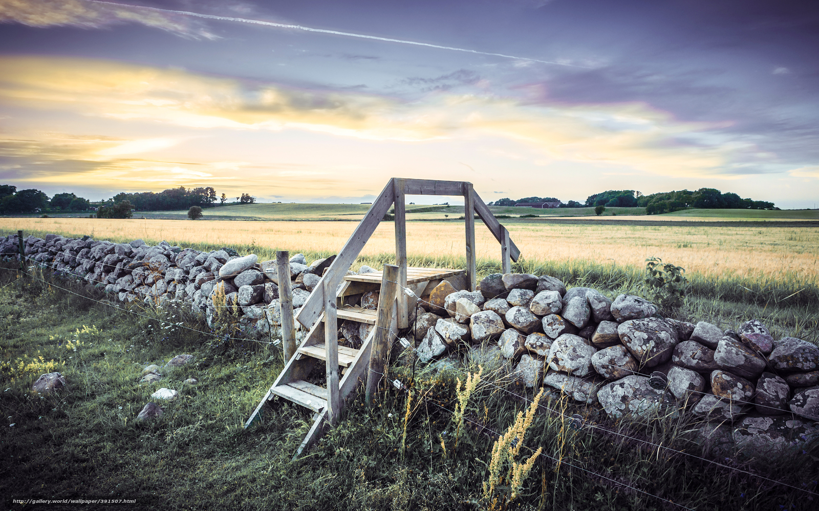 Wooden Stairs Over Stone Wall