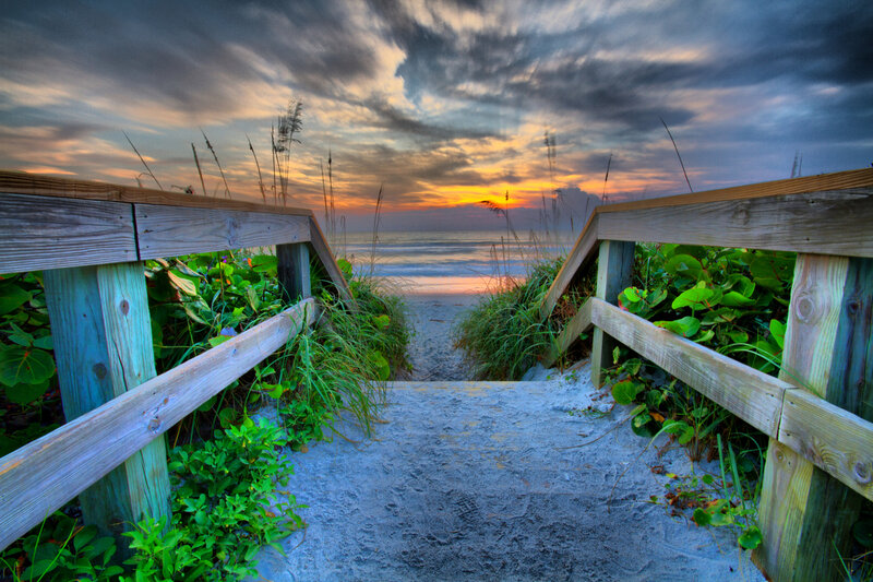 Wooden Stairs to Beach — Blue, Dramatic, Sunset