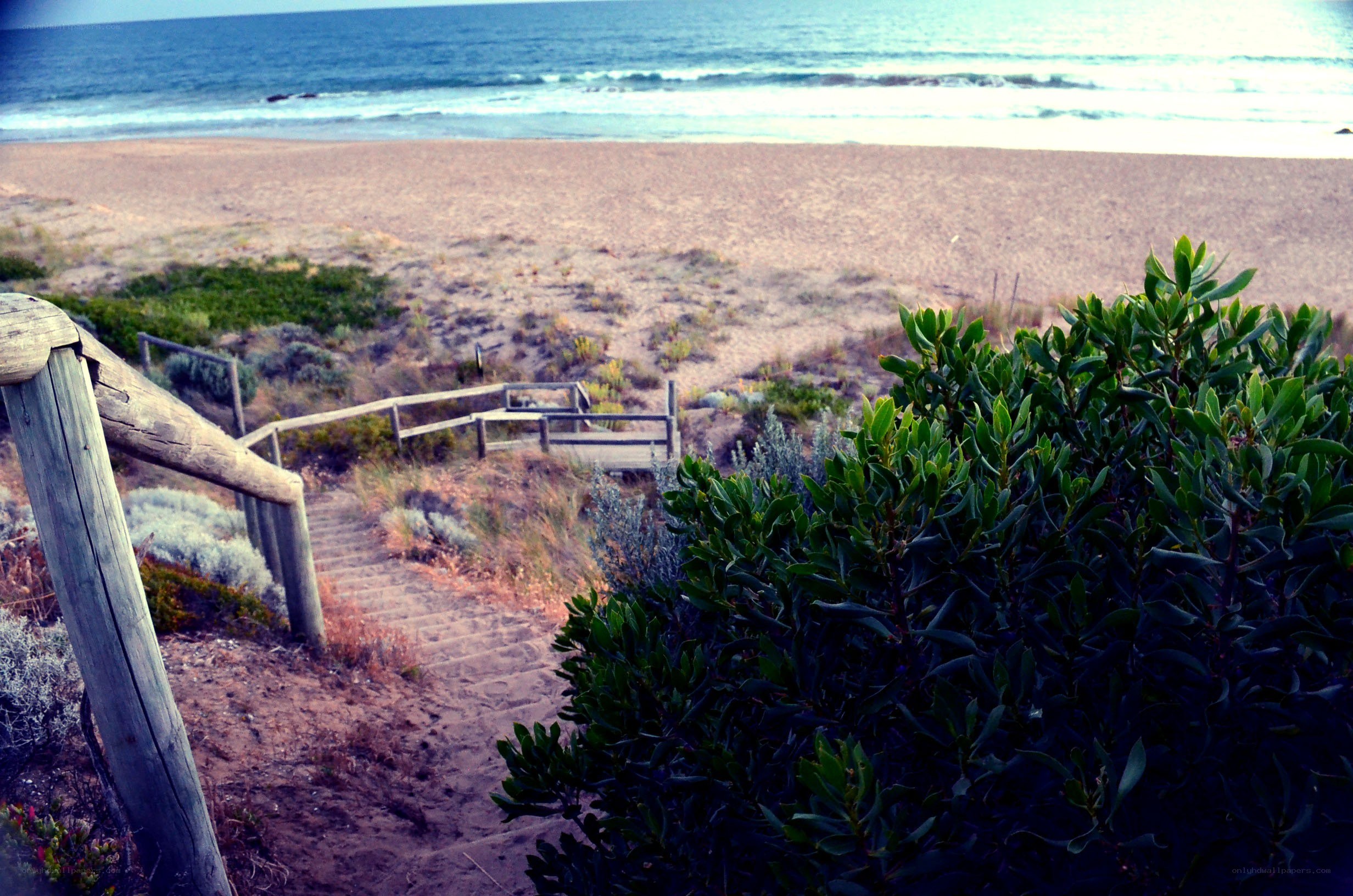 Wooden stairs to sandy beach